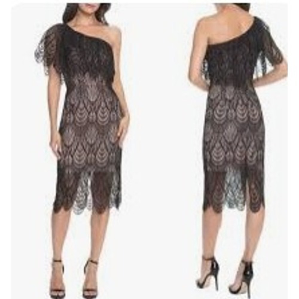 Dress the Population NWT Violet Black Nude Lace XL One Shoulder Midi Dress